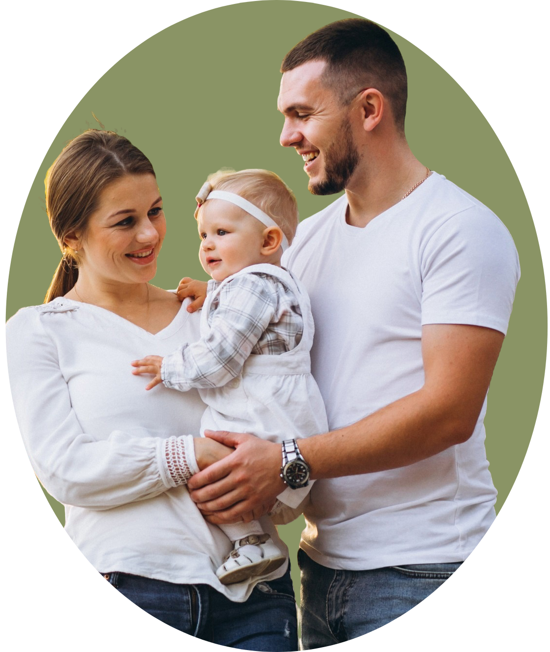 A young child with curly hair kisses a smiling man with a beard on the cheek. The man, who looks like he could be a friendly chiropractor from a health center, is holding the child, and both display happiness. The background is a plain green circle.